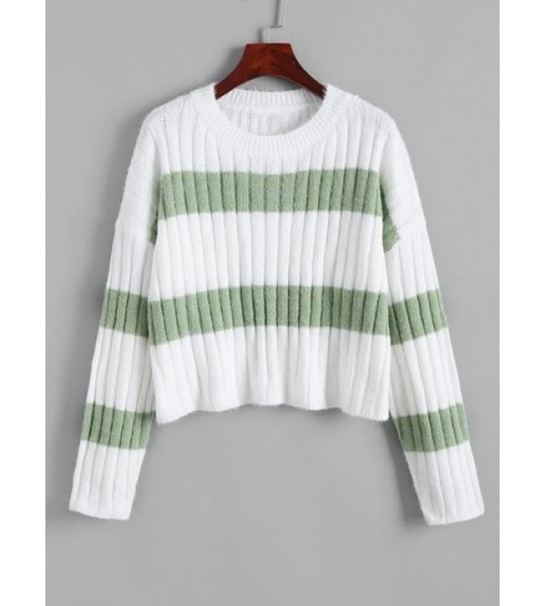 Crewneck Two Tone Striped Fuzzy Sweater