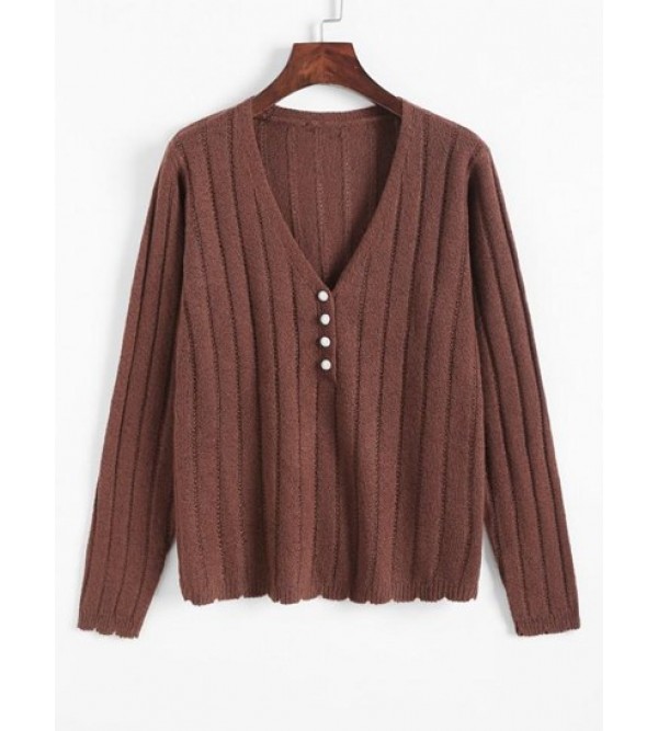 V Neck Ribbed Pearly Button Front Sweater