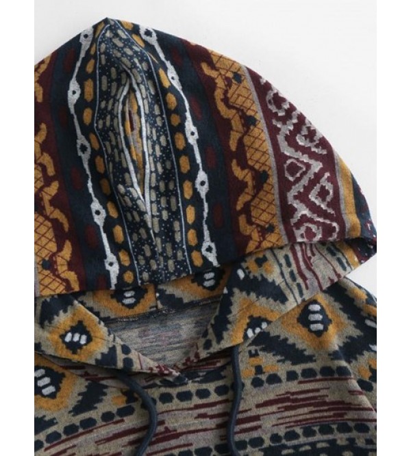 Front Pocket Drawstring Ethnic Printed Hoodie