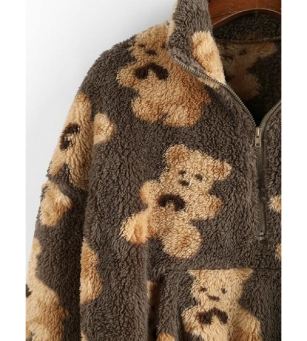 Cartoon Bear Half Zipper Fluffy Sweatshirt