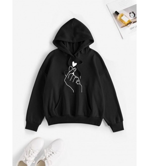 Heart Fingers Print Drop Shoulder Thermal Lined Hoodie