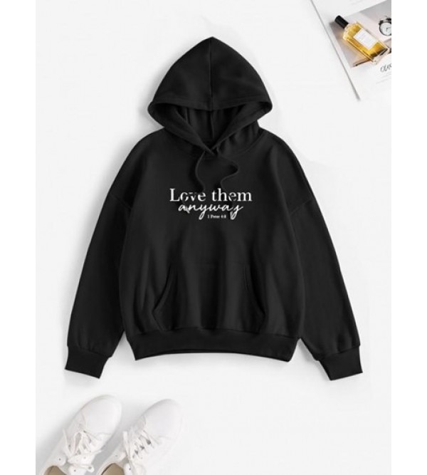 Slogan Print Drop Shoulder Thermal Lined Hoodie