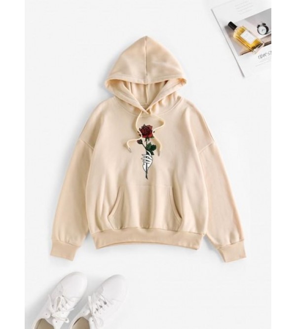 Hand Rose Print Drop Shoulder Thermal Lined Hoodie