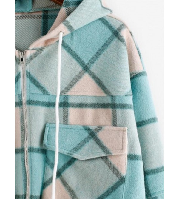 Woolen Plaid Pocket Hooded Jacket