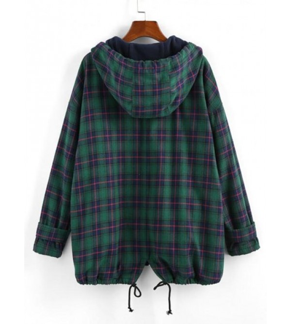 Drawstring Hooded Plaid Fleece Lined Jacket