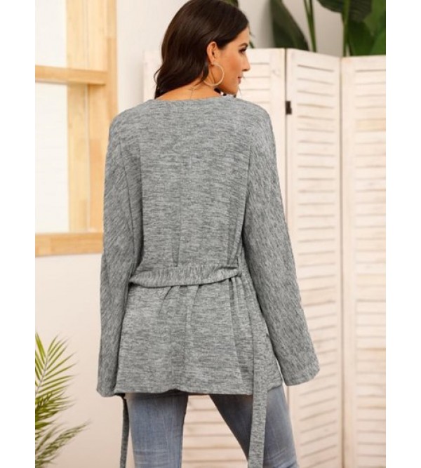 V Neck Belted Heathered Cardigan