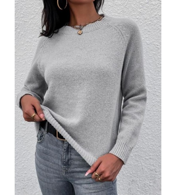 Solid Crew Neck Raglan Sleeve Sweater