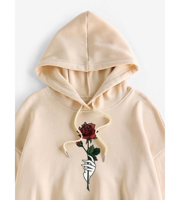 Hand Rose Print Drop Shoulder Thermal Lined Hoodie