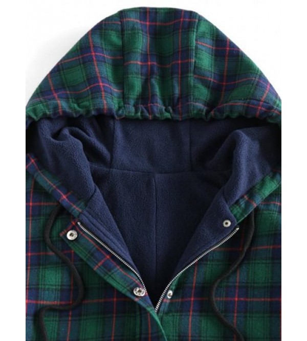 Drawstring Hooded Plaid Fleece Lined Jacket